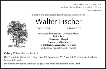 Traueranzeige von Walter Fischer von Neue Presse Coburg