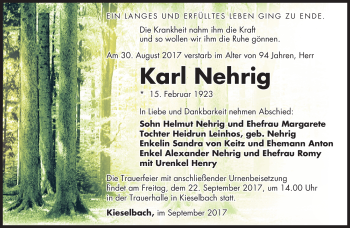 Traueranzeige von Karl Nehrig von Südthüringer Presse