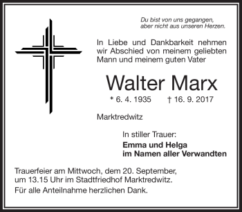 Traueranzeige von Walter Marx von Frankenpost