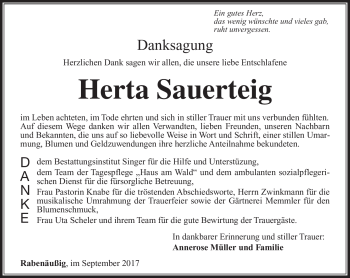 Traueranzeige von Herta Sauerteig von Südthüringer Presse