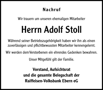 Traueranzeige von Adolf Stoll von Neue Presse Coburg