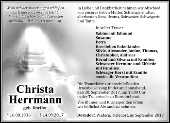 Traueranzeige von Christa Herrmann von Südthüringer Presse