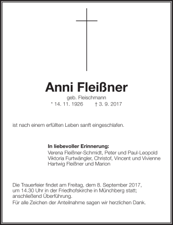 Traueranzeige von Anni Fleißner von Frankenpost