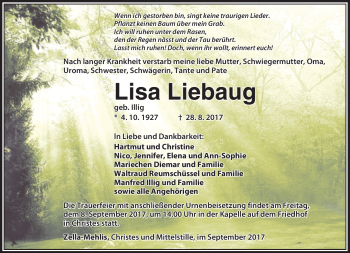 Traueranzeige von Lisa Liebaug von Südthüringer Presse