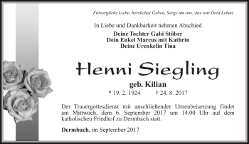 Traueranzeige von Henni Siegling von Südthüringer Presse