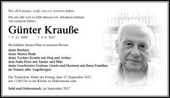 Traueranzeige von Günter Krauße von Südthüringer Presse