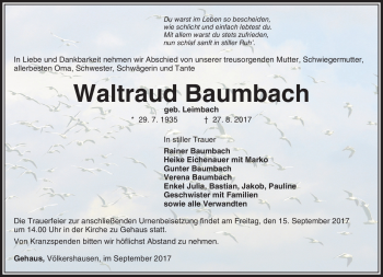 Traueranzeige von Waltraud Baumbach von Südthüringer Presse