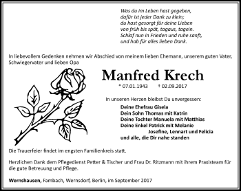 Traueranzeige von Manfred Krech von Südthüringer Presse