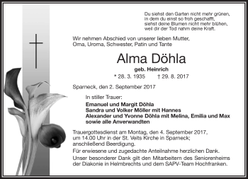 Traueranzeige von Alma Döhla von Frankenpost