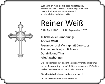 Traueranzeige von Reiner Weiß von Frankenpost