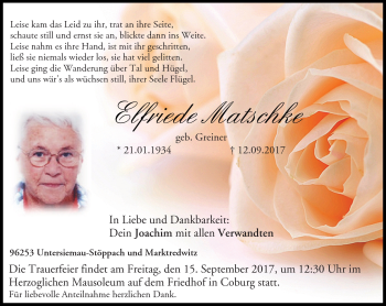 Traueranzeige von Elfriede Matschke von Neue Presse Coburg