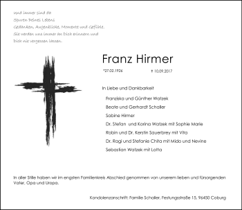 Traueranzeige von Franz Hirmer von Neue Presse Coburg