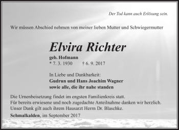 Traueranzeige von Elvira Richter von Südthüringer Presse