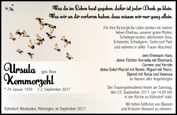 Traueranzeige von Ursula Kemmerzehl von Südthüringer Presse