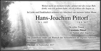 Traueranzeige von Hans-Joachim Pittorf von Südthüringer Presse