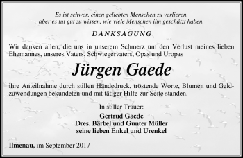 Traueranzeige von Jürgen Gaede von Südthüringer Presse
