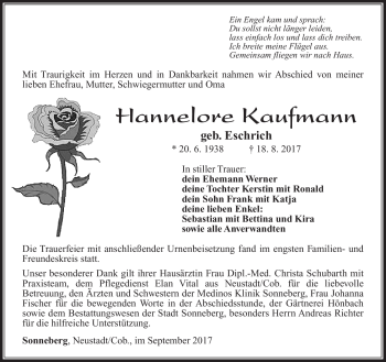 Traueranzeige von Hannelore Kaufmann von Südthüringer Presse