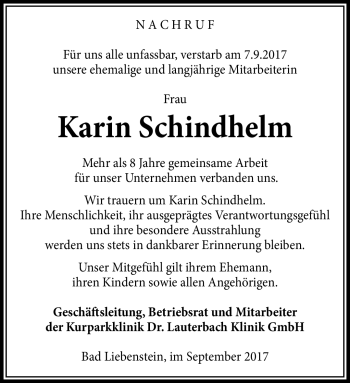 Traueranzeige von Karin Schindhelm von Südthüringer Presse