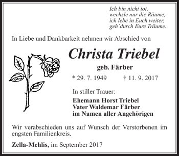 Traueranzeige von Christa Triebel von Südthüringer Presse