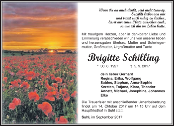 Traueranzeige von Brigitte Schilling von Südthüringer Presse
