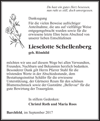 Traueranzeige von Lieselotte Schellenberg von Südthüringer Presse