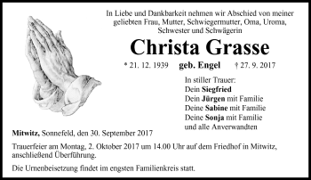 Traueranzeige von Christa Grasse von Neue Presse Coburg