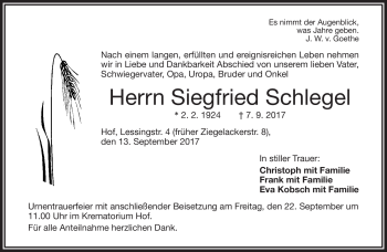 Traueranzeige von Siegfried Schlegel von Frankenpost