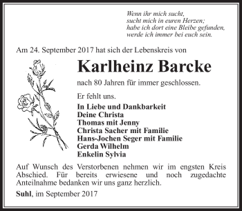 Traueranzeige von Karlheinz Barcke von Südthüringer Presse