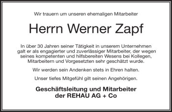 Traueranzeige von Werner Zapf von Frankenpost