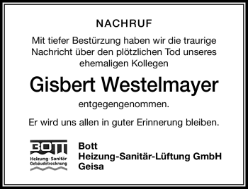 Traueranzeige von Gisbert Westelmayer von Südthüringer Presse