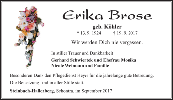 Traueranzeige von Erika Brose von Südthüringer Presse