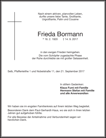 Traueranzeige von Frieda Bormann von Frankenpost