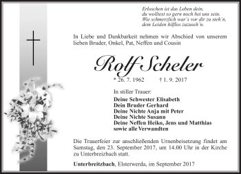 Traueranzeige von Rolf Scheler von Südthüringer Presse