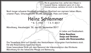 Traueranzeige von Heinz Schlemmer von Frankenpost
