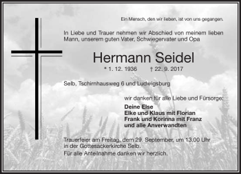 Traueranzeige von Hermann Seidel von Frankenpost