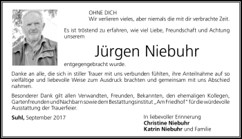 Traueranzeige von Jürgen Niebuhr von Südthüringer Presse
