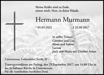 Traueranzeige von Hermann Murmann von Neue Presse Coburg