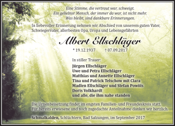 Traueranzeige von Albert Ellschläger von Südthüringer Presse