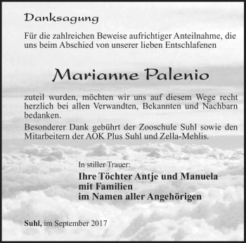 Traueranzeige von Marianne Palenio von Südthüringer Presse