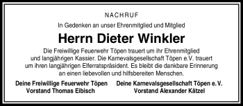 Traueranzeige von Dieter Winkler von Frankenpost
