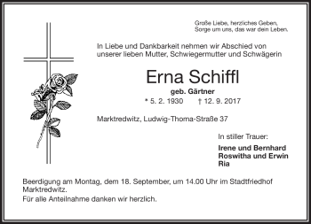 Traueranzeige von Erna Schiffl von Frankenpost