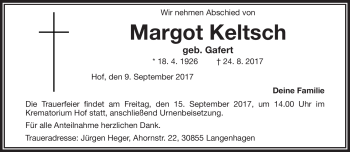 Traueranzeige von Margot Keltsch von Frankenpost