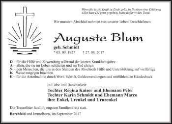 Traueranzeige von Auguste Blum von Südthüringer Presse