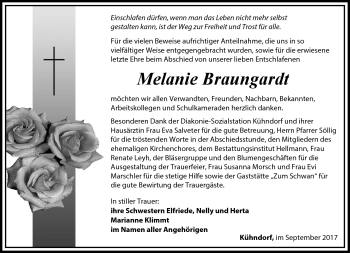 Traueranzeige von Melanie Braunhardt von Südthüringer Presse