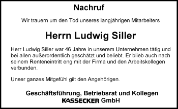 Traueranzeige von Ludwig Siller von Frankenpost