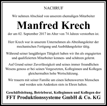 Traueranzeige von Manfred Krech von Südthüringer Presse