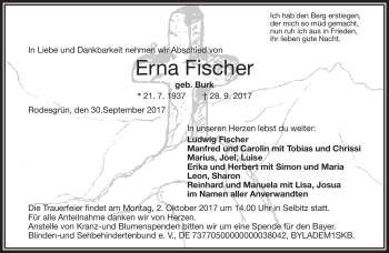 Traueranzeige von Erna Fischer von Frankenpost