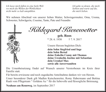 Traueranzeige von Hildegard Kiesewetter von Südthüringer Presse