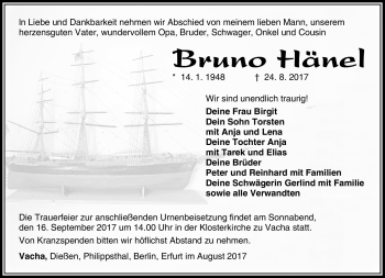 Traueranzeige von Bruno Hänel von Südthüringer Presse