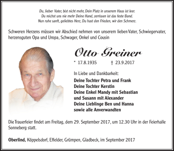 Traueranzeige von Otto Greiner von Südthüringer Presse